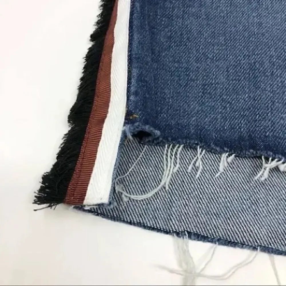 Frame Denim Mini Skirt with Raw Staggered Hem and Side Stripe/Fringe. Size 25.